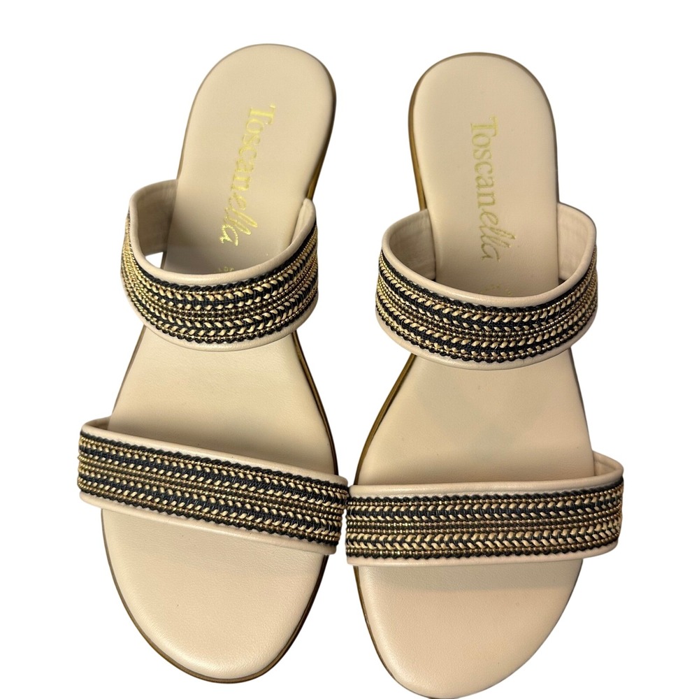 Toscanella Mimma Italy Cream Leather Beaded Two Strap Wedge Slide Sandals 8